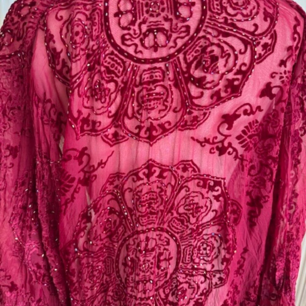 VINTAGE ROSE Stevie Nicks style Sheer Red Burnout Velvet Beaded KimonoCoat - Picture 8 of 9